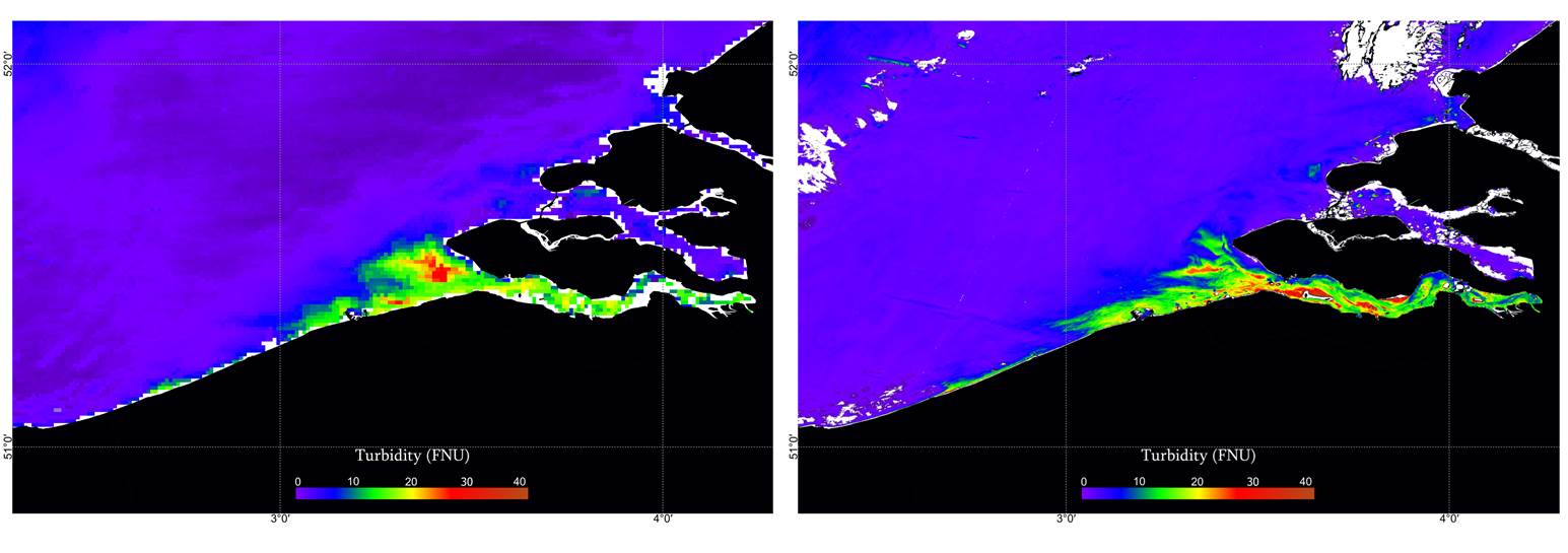 Turbidity products from the medium-resolution MODIS sensor (1 km) on the left and  PROBA-V sensor (100 m) on the right, both captured on 3 April 2016.