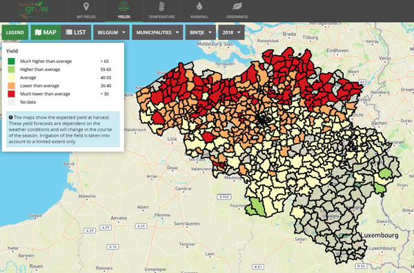 watchITgrow kaart die aantoont dat de gemiddelde opbrengst per gemeente onder de 30 ton/ha zal bedragen