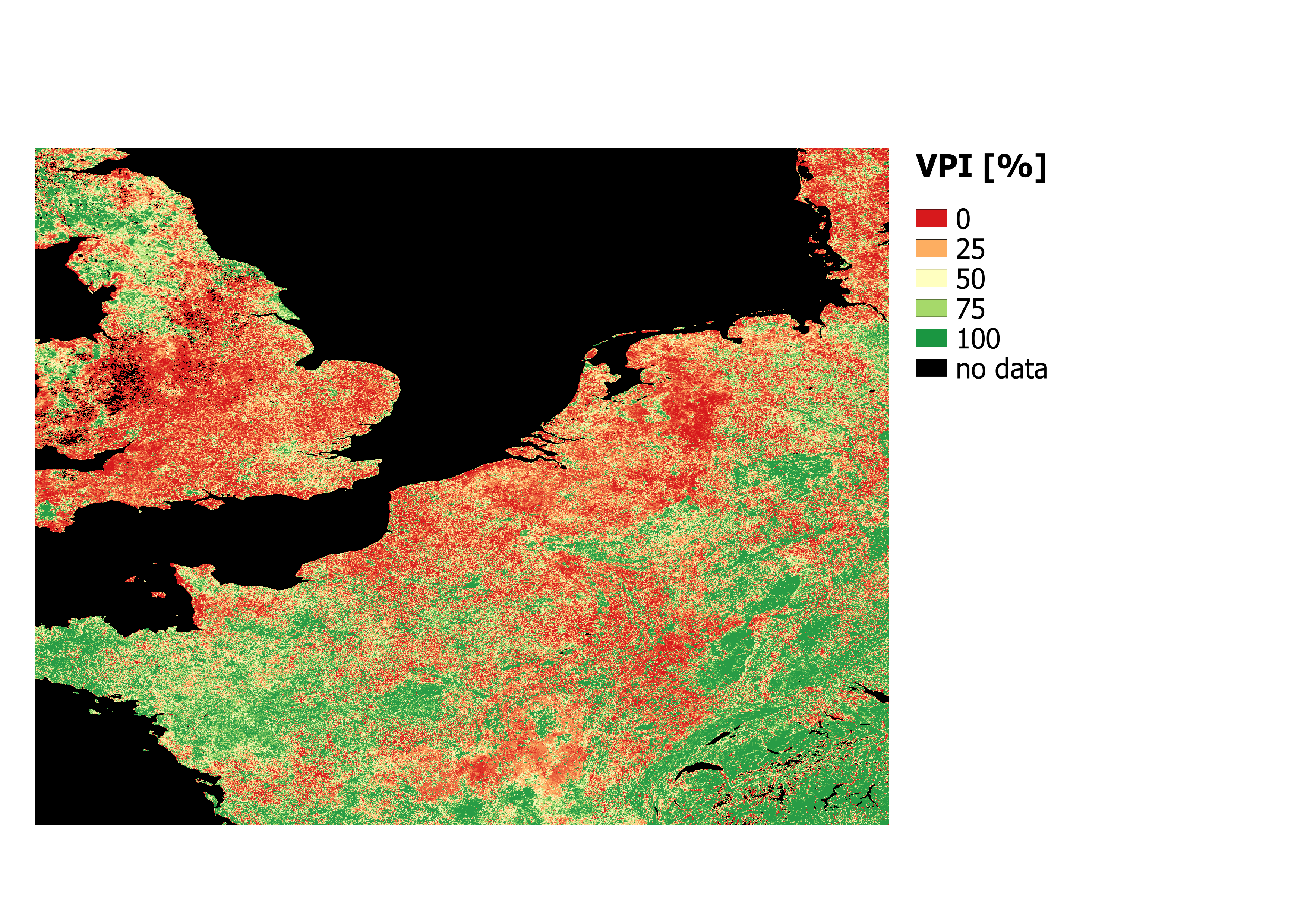 Vegetation Productivity Index (VPI) for the last dekad of July 2018 which clearly shows that the majority of the area in North western Europe is in the  lowest 25% ever measured by satellite data