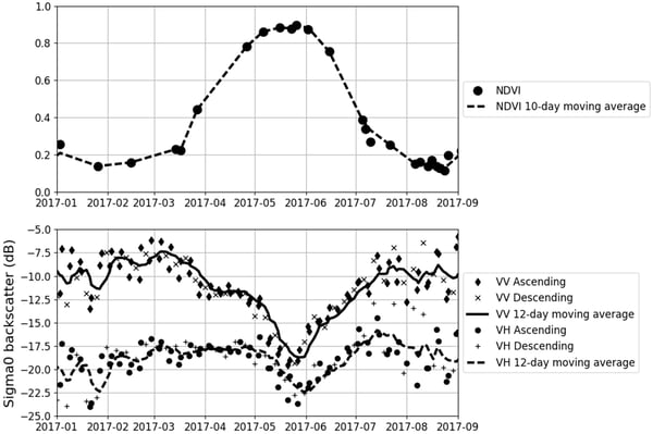 Sentinel-2 NDVI observations over a winter wheat field and the corresponding Sentinel-1 backscatter signature. 