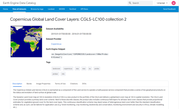 Copernicus global land cover layers in the Google Earth Engine Data Catalog 