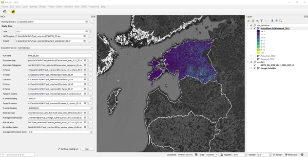 Screenshot from QGIS INCA tool on Soil Retention service account for Estonia